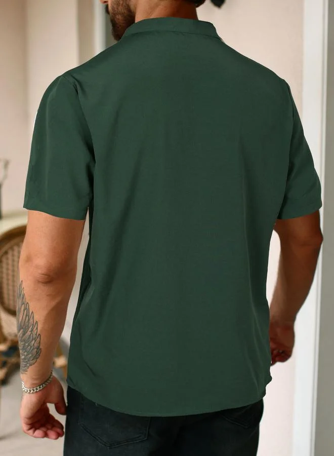 Take Two Men Dark Green Mandarin Collar Short Sleeve Shirt